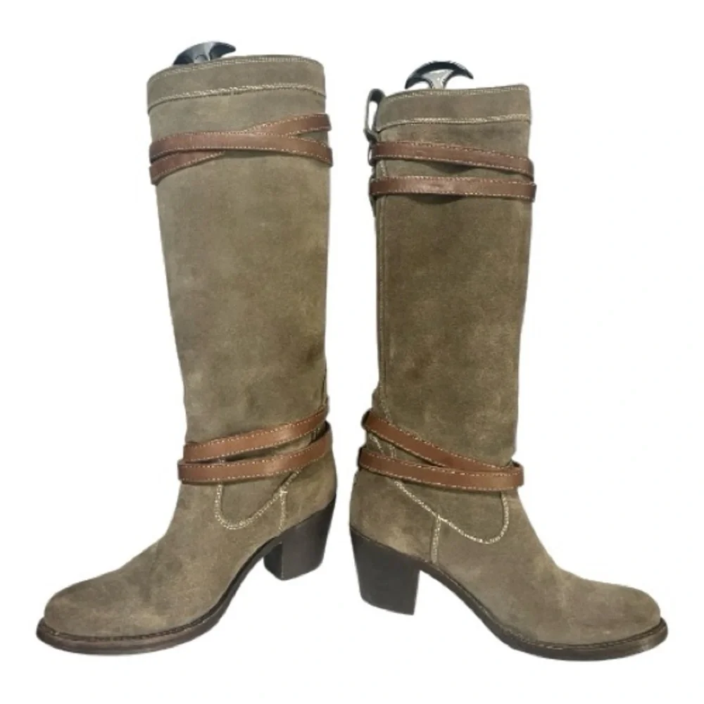 Frye Jane Strappy Knee Tan Brown Suede Boots 6.5